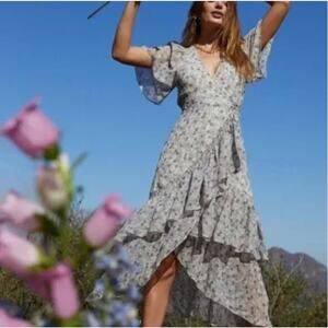 ASTR The Label Green Purple Floral Adella Faux Wrap Midi Dress M Ruffle Cottage